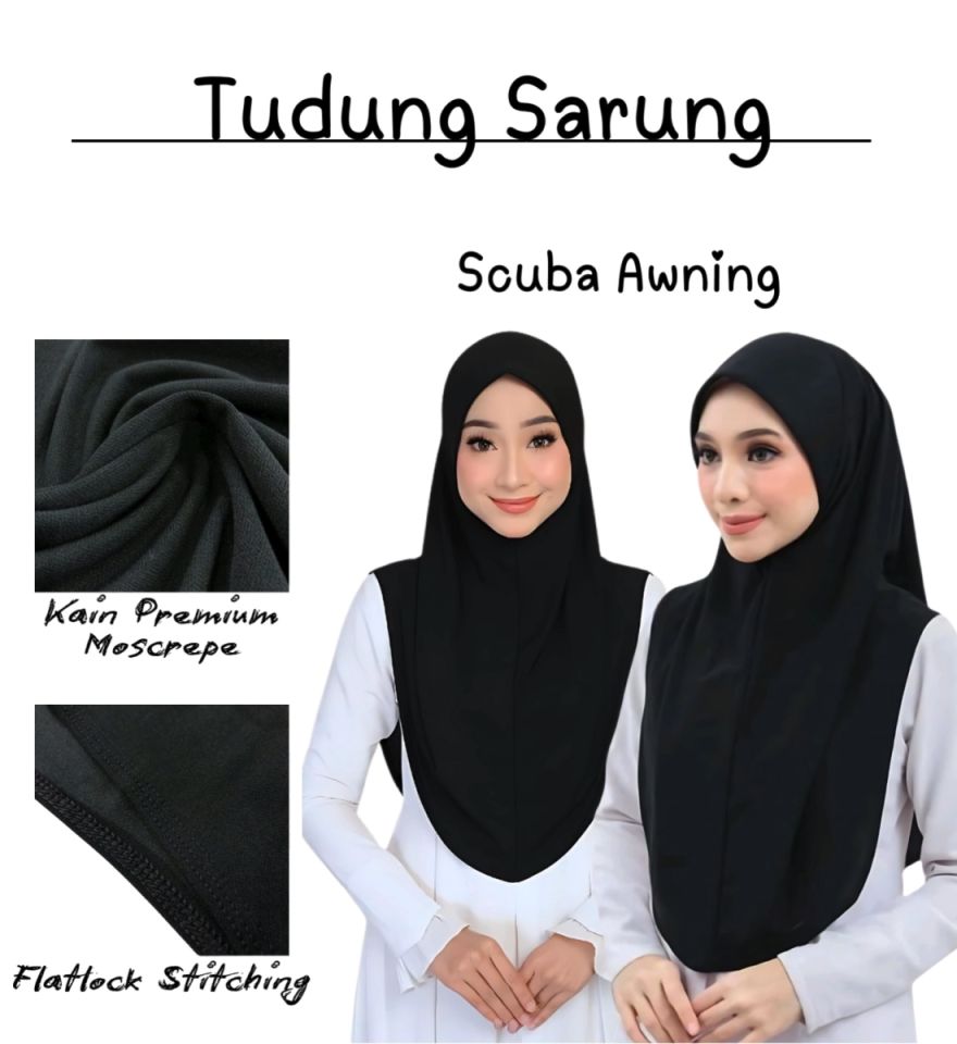 Tudung Sarung Plain Scuba Awning Black Only Kain Mosscrepe Size M and L