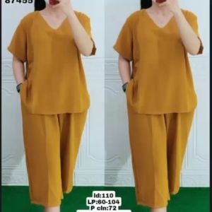 Setelan Kulot Lengan Pendek Plus Size Warna Solid Casual