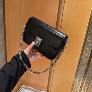 Black Chain Handle Square Bag Womens Single Shoulder Underarm Bag Fashion Trend Lock Buckle Closure Casual Commuting Bag
