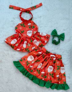 ชุดเซตคริสต์มาส ชุดซานตี้เด็กผู้หญิง เสื้อผูกคอ+กระโปรงบาน พร้อมโบว์คาดผม
