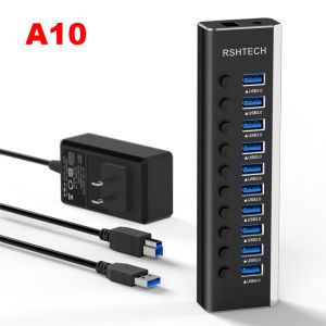 RSHTECH A10 Powered USB Hub Aluminum 10 Port USB 3.0 Data Hub with 36W 12V/3A Power Adapter and Individual On/Off Switches USB Splitter