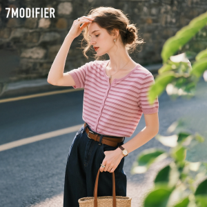 7.Modifier | Áo Thun Tay Ngắn Phong Cách Đa Năng Có Sọc Cổ Tròn Nút Đơn Ôm Body