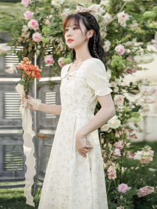 Váy Dài Tay Ngắn Họa Tiết Hoa Phong Cách Pháp Cho Nữ Mùa Hè Cổ Điển Thanh Lịch Váy Dài Chữ a Váy Dài Đến Giữa Bắp Chân