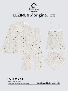 LEZIMENG | Bộ Đồ Ngủ Gợi Cảm Chất Lụa Không Dây Có Mút Trong 4 Mảnh Áo Dài Tay