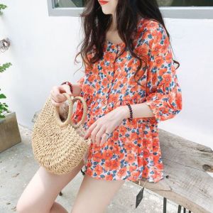 New Summer Floral Print Loose Womens Shirt Korean Style Commute Long Sleeve round Neck Mid-Length Fashionable Lantern Sleeve