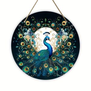 2D Retro Peacock Decorative Plaque Round Wooden Disc Hanging Wall Art Room Home Restaurant Cafes Courtyards Garages Decor Gift