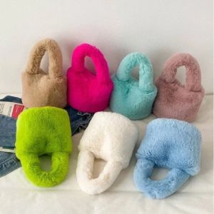 Sweet Candy Solid Color Fake Fur Womens Handbag Simple Soft Plush Ladies Tote Bags Fashion Novel Winter Female Change Purse Bag