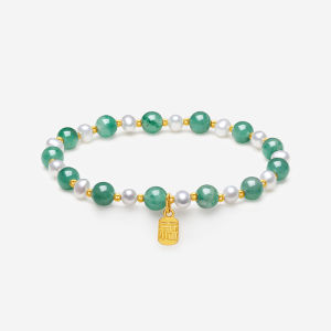 ZHOU LIU FU 周六福 S925 Sterling Silver Pearl Bracelet Quartz Jade Pearl Bracelet 18K Gold Plated for Women Girl 17CM J1916271