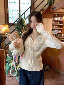 Áo Len Dệt Kim Cổ Chữ V Hở Vai Cạp Cao Thời Trang Thu Đông Mới Cho Nữ Phong Cách Đại Học Kiểu Pháp