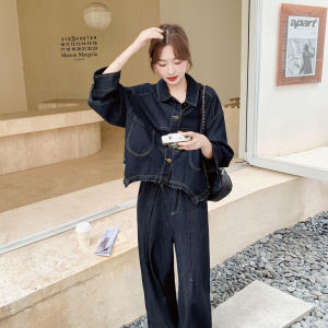 Korean Style Salt Series Womens Denim Outfit High Waist Wide Leg Pants Jacket Two Piece Set Irregular Design Autumn Collection
