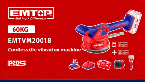 เครื่องสั่นกระเบื้องไร้สาย รุ่น EMTVM20015 แรงดันไฟฟ้า: 20V ความถี่การสั่นสะเทือน: 0-10000rpm ความสามารถในการดูดซับ: 60 กก. เส้นผ่านศูนย์กลางถ้วยดูด: 130 มม. การปรับความเร็ว: 6 ความเร็ว