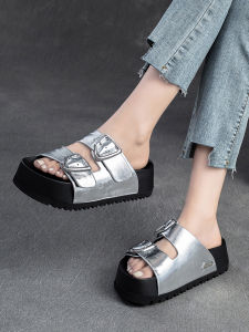 Elegant Silver Leather Sandals Womens Thick Bottom Platform Increase Height Outdoor Wear Summer Flat Heel Buckle Style