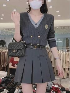 สีเทาเข้ม เสื้อสเวตเตอร์ถัก คอวี แขนยาว ผู้หญิง พลัสไซส์ เสื้อกั๊ก แจ๊กเก็ตปลอมสองชิ้น ฤดูใบไม้ร่วง คาร์ดิเกน สําหรับผู้ใหญ่หนุ่ม