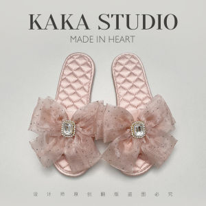 Champagne Pink Silk Velvet Slippers with Butterfly Knot Soft Bottom Flat Home Slippers for Women Spring Summer Anti-Slip