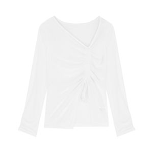 เสื้อยืดแขนยาวสีขาวเสื้อผ้าผู้หญิงเสื้อคลุมกันแดดมีเชือกรูดแบบบางมีดีไซน์แบบไม่สม่ำเสมอใส่ช่วงฤดูร้อนสำหรับผู้กลุ่มน้อยเสื้อตัวนอก