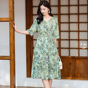 Elegant Pure Cotton Silk Midi Dress for Middle-Aged And Elderly Summer Outdoor Wear Large Skirt A-Line Dress V-Neck Five-Sleeve