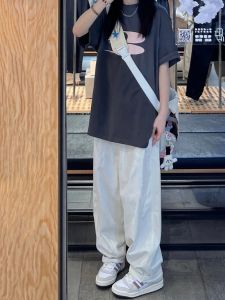 White American Style Thin Casual Pants for Women High Waist Straight Leg Drapey Wide Leg Pants Summer Fashion Ladies Trousers