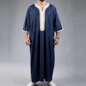 Mens Islamic Loose Abaya Short Sleeve Embroidered Moroccan Arabic Style Traditional Muslim Clothing for Men