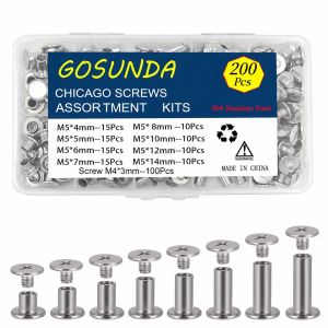 GOSUNDA 200PCS 304 Stainless Steel Chicago Screw Leather Mixed Set 8 Sizes Leather Rivets For DIY Leather Craftsmanship Rivets