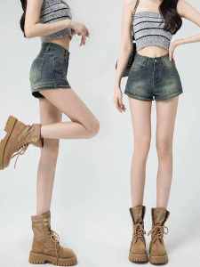 Retro ติดตั้ง เดนิม กางเกงขาสั้น ผู้หญิง สูง เอว ยืดได้ Ultra Short Slim Wide Leg Straight Cut เซ็กซี่ ทรงเอ Hot ฤดูร้อน กางเกงขาสั้น