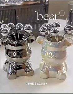 ส้อมจิ้มผลไม้ พร้อมโถเก็บหมี สําหรับงานแต่งงาน ร้านอาหาร ห้องครัวส้อมสแตนเล็กๆ สำหรับจิ้มผลไม้ ส้อมจิ้ม ส้อมเล็ก คุณ