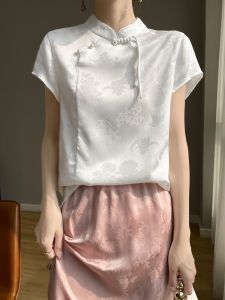Chinese Style Traditional Buckle Jacquard Shirt Satin Zen Cheongsam Top Stand Collar Pullover Shirt Silk Short Sleeve T-shirt