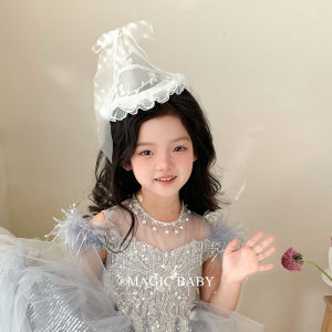 Elegant Pure White Embroidered Tulle Birthday Hat Hair Clip for Baby Girls Party Photography Props Sweet Style Children Accessories