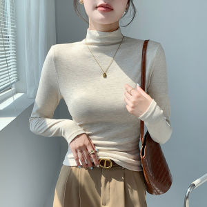 Womens Slim Fit Long Sleeve mid Neck Base Shirt H393 Half High Collar Warm Pure Color Versatile Autumn Winter Top