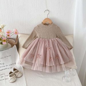 Princess Style Long Sleeve Mesh Dress for Girls Spring Autumn New Fashion Childrens Outerwear Base Layer Cotton Lined Skirt
