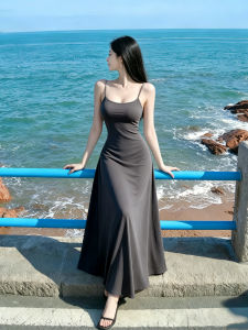 SUHUIQIAN | Gray Fitted Spaghetti Strap Waist-cinching A-line Full Skirt Maxi Dress for Summer Beach Holiday