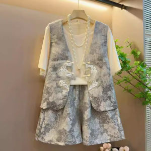 New Summer 2025 Folk Style Womens Three-piece Set Fashionable Short-sleeved Vest And Short Pants Anti-wrinkle Medium Weight