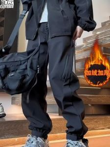 American Functional Tactical Pants Men Autumn and Winter Fleece-lined Ankle Banded Slacks Windproof Heattech High Street Vibe Cargo Pants