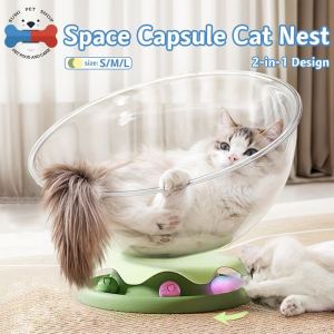 2 in 1 Space Capsule Cat Bed Transparent House Anti-Scratch Washable Semi-enclosed Acrylic Cat Bed with Ball