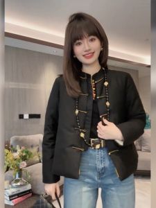 New Chinese Style Black Short Cotton Jacket Womens Song Silk Button Coat Autumn Winter Fashion Ladies Coat Pear Body Type