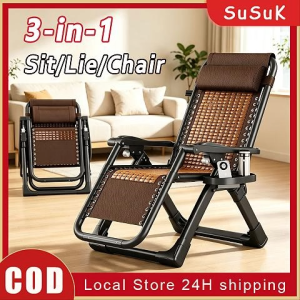 3 in 1 Ice Bamboo Folding Chair Bed Single Portable Chair Office Midday Bed Adjustable Lunch Break Bed with Pillow Office Adult Nap Bed for Home