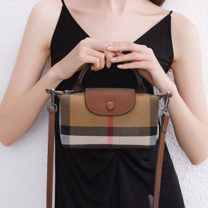 Aidrani   Fashionable plaid canvas bag womens mini one shoulder crossbody bag patchwork cowhide material