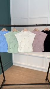 BL20983 Ribbon Semi Neck Knit Top