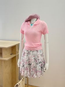 VKSOD | Womens Polo Neck Short Sleeve Knitted Top Casual Floral Skirt Two Piece Set Lightweight Elegant Style Summer Collection