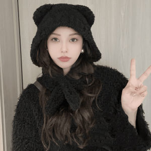 Warm Bear Knitted Plush Hat Scarf Set Womens Autumn Winter Fashion Casual Style round Top Light Comfortable Acrylic Material