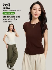 Miiow | Lightweight Slim Fit Round Neck Short Sleeve T-Shirt Cat Person Lyocell Wool Casual Summer Moisture Wicking Solid Color Top