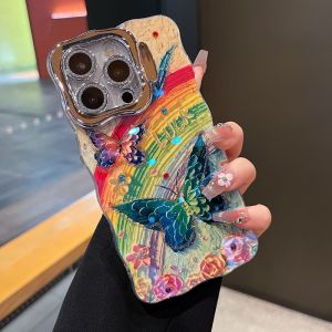 Apple 16 Series Full Cover Invisible Stand Lens Film Rainbow Butterfly Painting Design Phone Case Anti-Fall Protection PC+TPU Material
