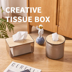Modern Tissue Box Holder Organizer Transparent Rectangular Round with Wooden Cover Facial Tissues Dispenser for Bathroom Bedroom Living Room