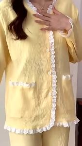 Comfortable Cloud Cotton Pajamas for Women with Chest Pads V-neck Long Sleeves Cardigans Pijama Sweet and Loose Sleepwear Cute Home Suit Set