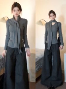 BINKAFENNY | เสื้อชั้นในถักคอวีผูกเอวสีเทาสไตล์เกาหลีสำหรับผู้หญิง เสื้อชั้นในฤดูใบไม้ร่วงที่หรูหราและสง่างาม เสื้อชั้นในดีไซน์เก๋ไก๋สำหรับใส่ด้านนอก