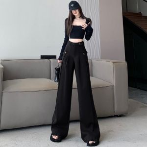 Retro Coffee Brown Woolen Wide-Leg Pants Female Loose Straight-leg Fall and Winter Stylish High-Waisted Trousers Draping Effect Mop Trousers