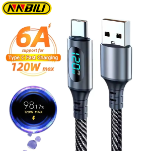 NNBILI 6A USB A to Type C Super Fast Charge Cable 120W Nylon Data Cord for Huawei POCO Samsung With Led Digital Display Cable