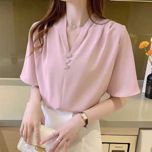 Womens Chiffon Shirt Short Sleeve V-neck Loose Slimming Versatile Stylish Summer New Arrival Korean Style Commute Pure Color