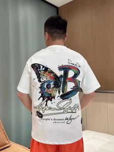 Summer Trendy Butterfly Printed Short Sleeve T-Shirt Mens Loose Fit round Neck Casual Creative Fun Print Cotton Polyester Blend