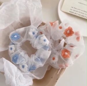 Dây cột tóc Scrunchies Doudou Buộc tóc nữ vải lưới cao cấp họa tiết thêu hoa nổi phong cách Hàn Quốc thời trang FQ017
