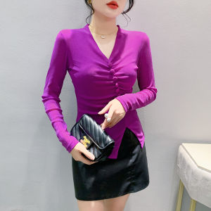 REHIN Autumn V-Neck Backless Mesh Slim-Fit Long Sleeve T-Shirt - Trendy and Chic Base Layer Elegant Womens Top